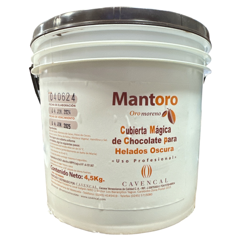 CUBIERTA MAGICA DE CHOCOLATE PARA HELADOS OSCURA MANTORO 4.5KG