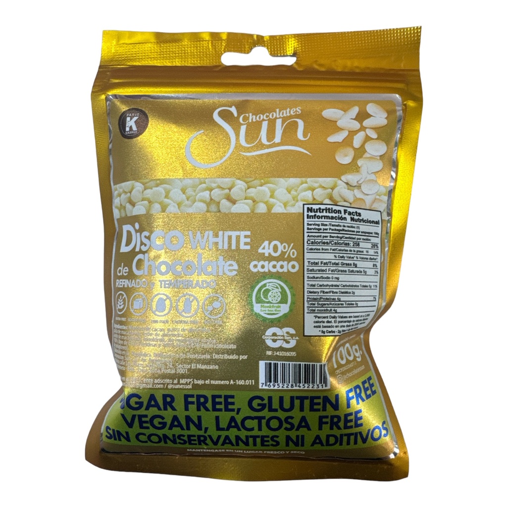 DISCOS DE CHOCOLATE SUN BLANCO 100 GR