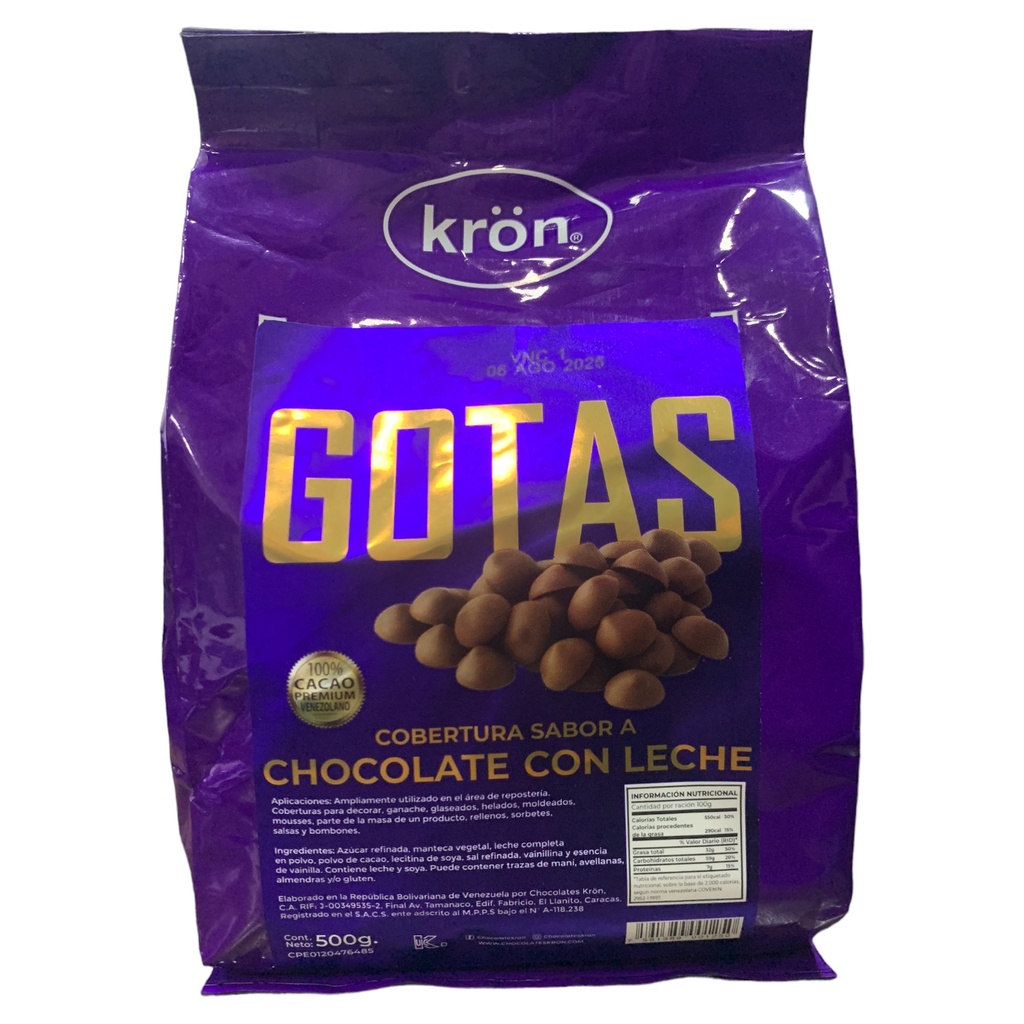 GOTAS DE COBERTURA CHOCOLATE CON LECHE KRON 500 GR