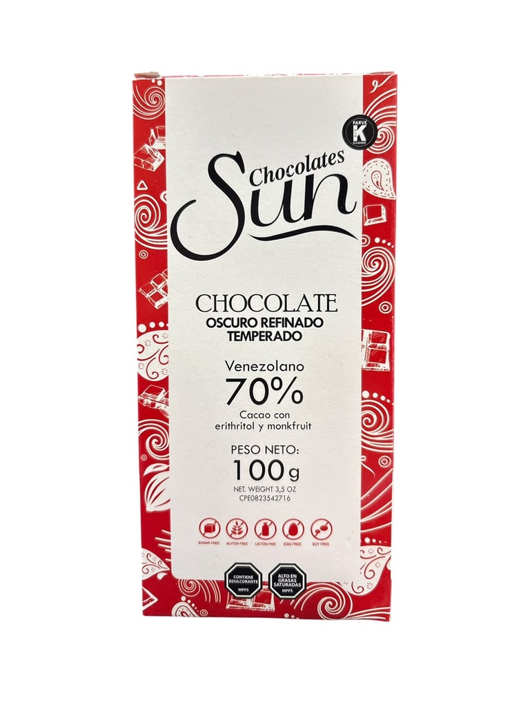 CHOCOLATE SUN OSCURO REFINADO TEMPERADO 70% CACAO (ERITRITOL Y MONKFRUIT) 100GR