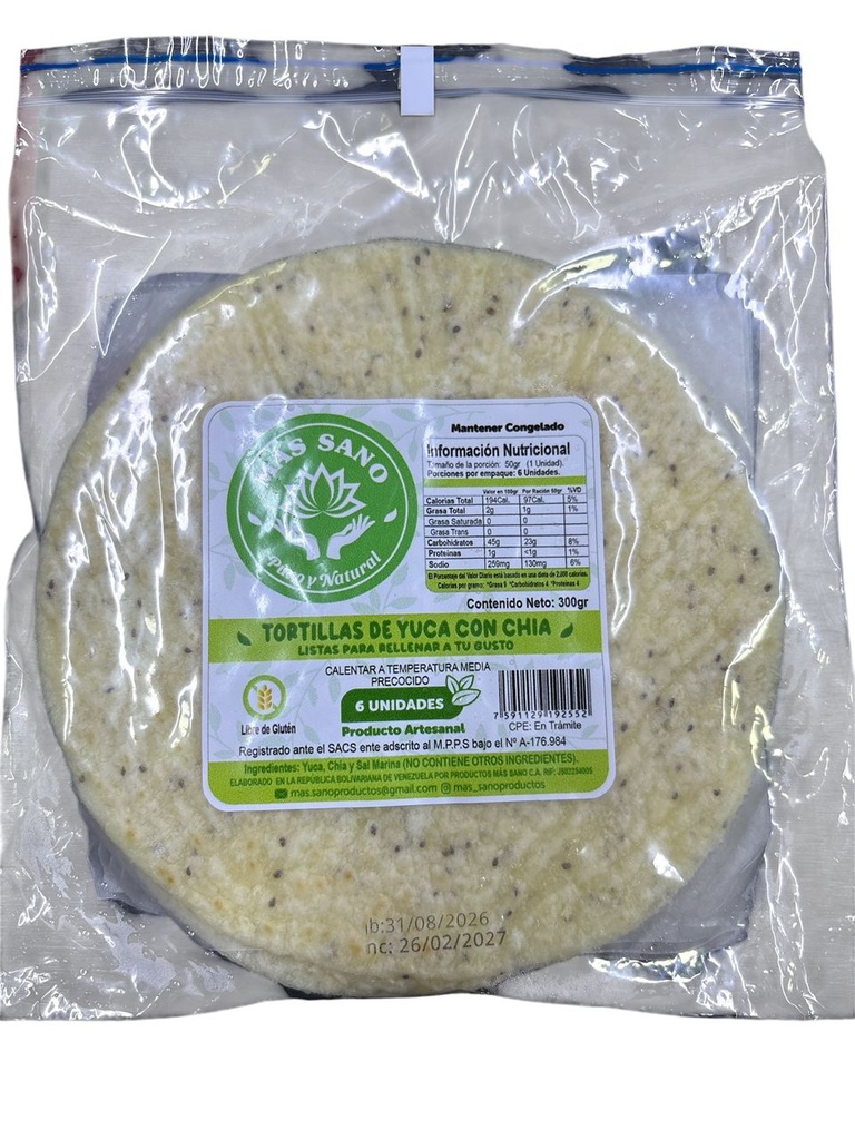 TORTILLAS DE YUCA CON CHIA MAS SANO 6 UND