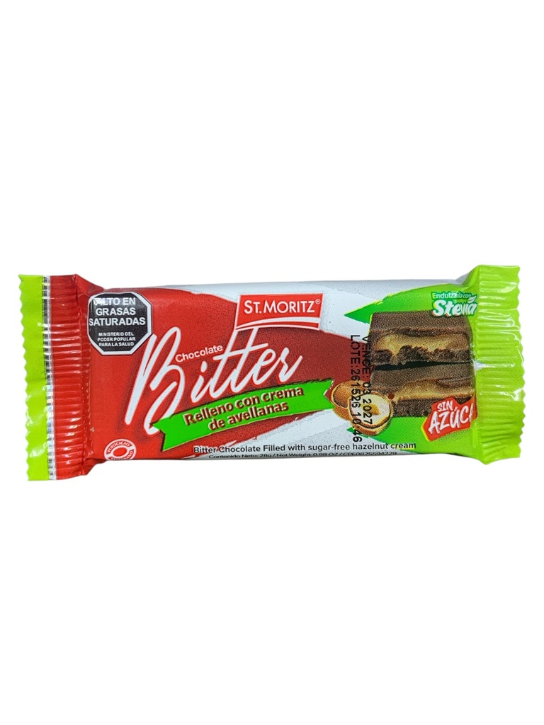BARRA DE CHOCOLATE BITTER RELLENA DE CREMA DE AVELLANA C/STEVIA