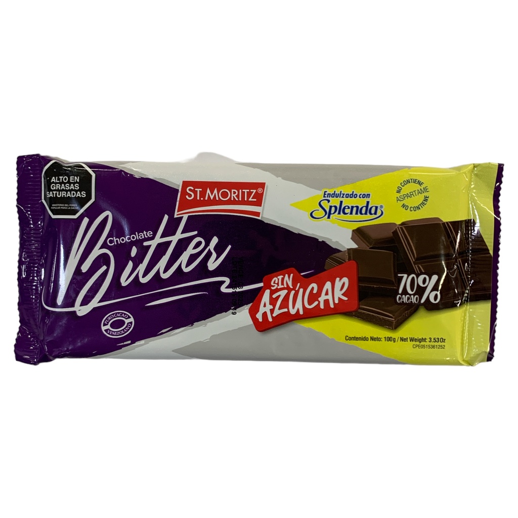 BARRA CHOCOLATE S/A BITTER C/SPLENDA ST MORITZ 100GR
