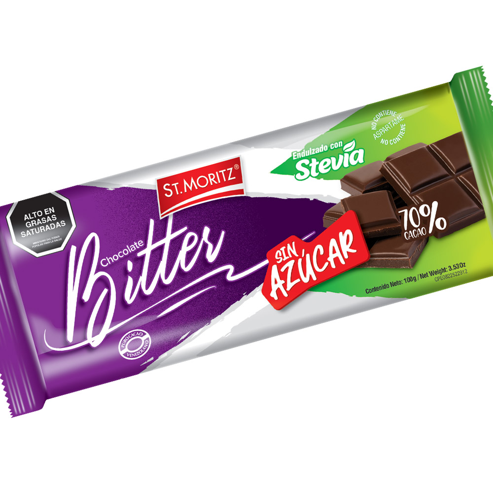 BARRA CHOCOLATE S/A BITTER C/STEVIA 100GR ST. MORITZ