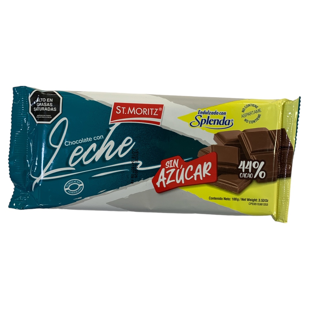 BARRA CHOCOLATE S/A LECHE C/SPLENDA ST MORITZ 100GR