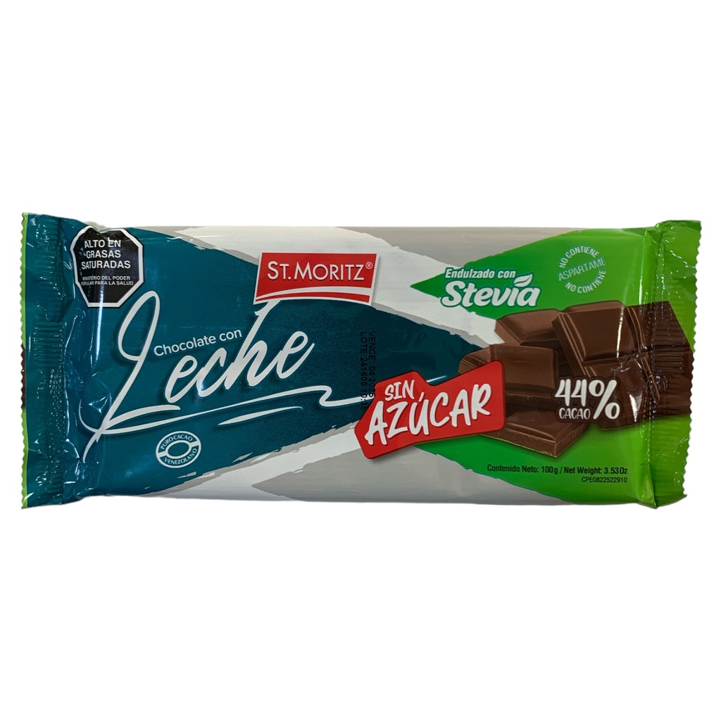 BARRA CHOCOLATE S/A LECHE C/STEVIA 100GR ST. MORITZ