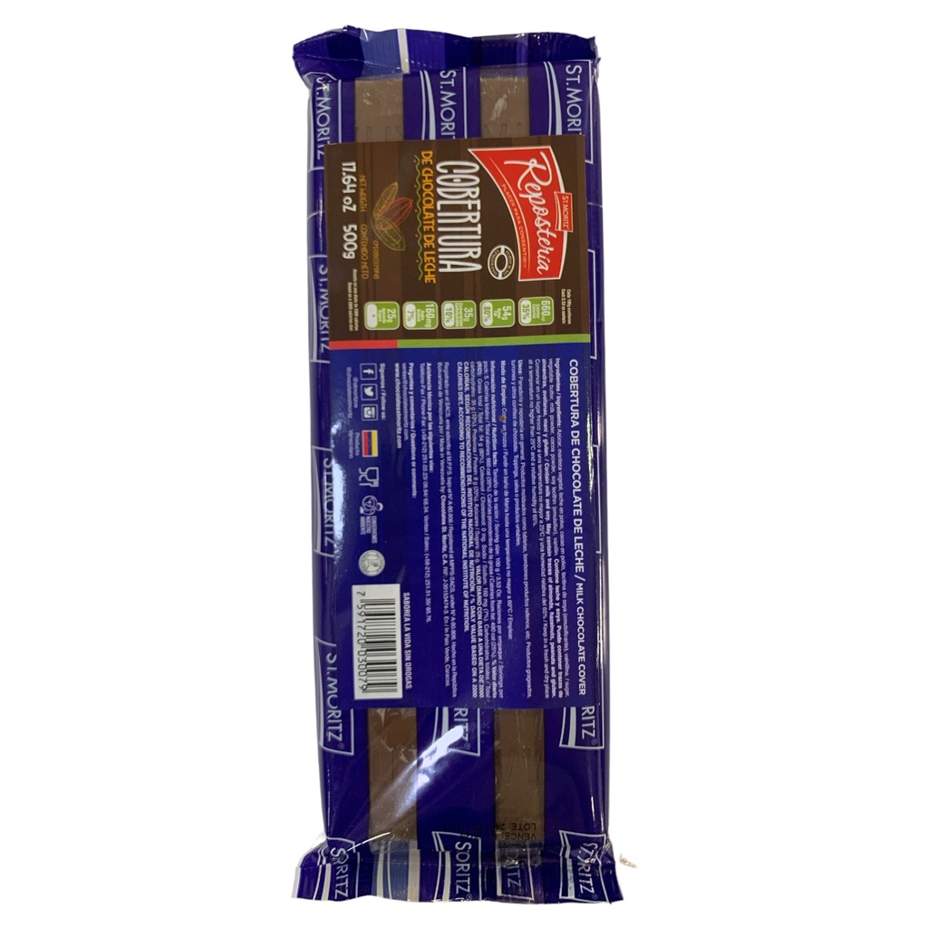 COBERTURA CHOCOLATE DE LECHE ST. MORITZ AZUL 500GR