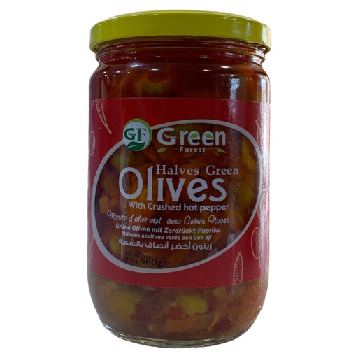 [K0493] ACEITUNAS VERDES CON HOT PEPPER-HALVES GREEN OLIVES 660G GREEN FOREST