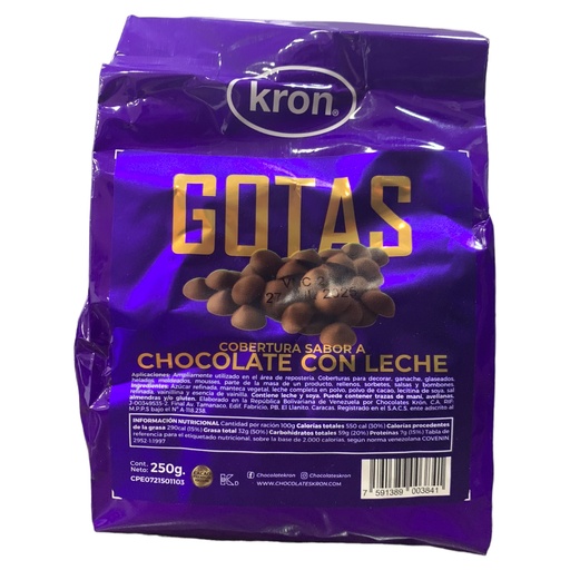 [K0707] GOTAS DE COBERTURA CHOCOLATE CON LECHE KRON 250 GR