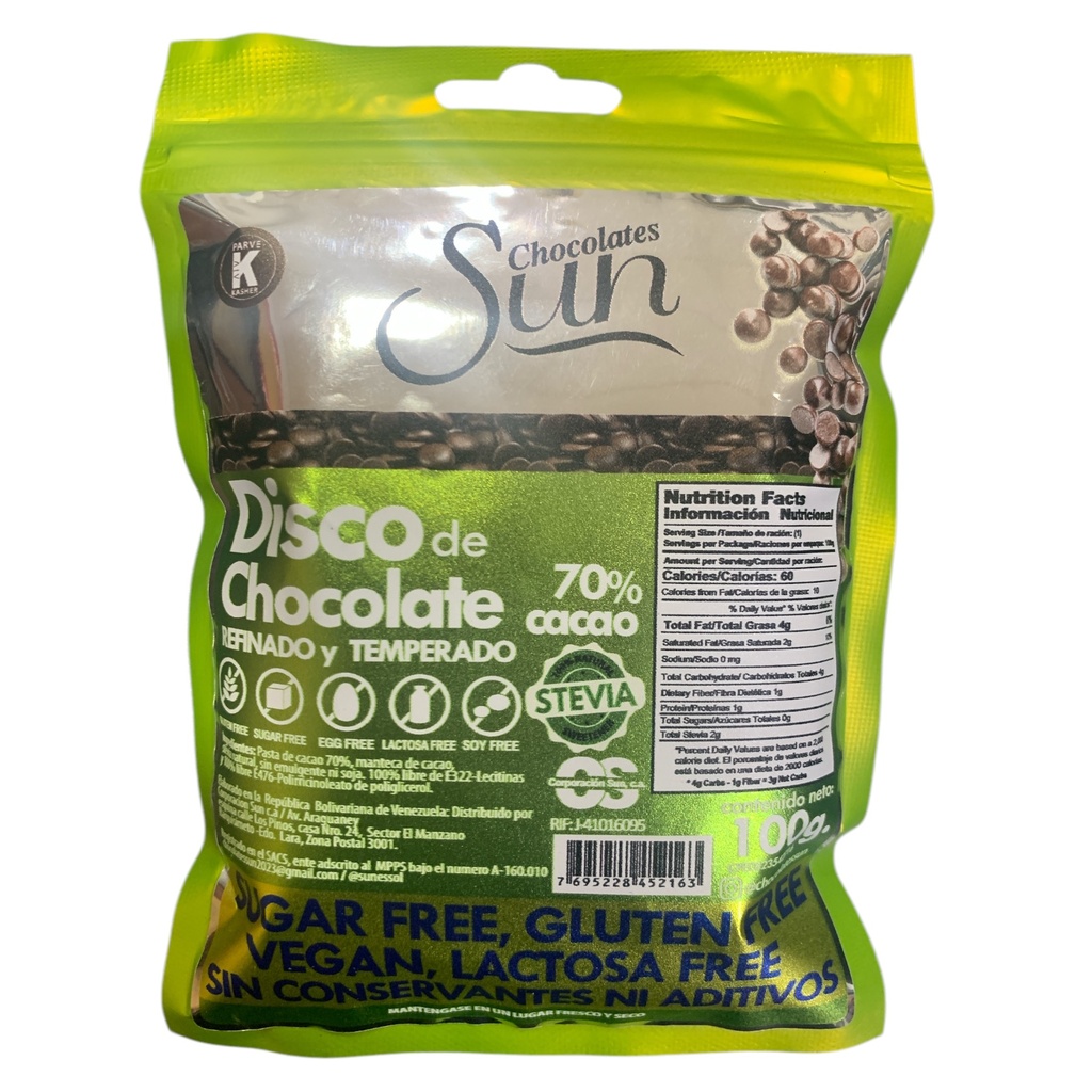 DISCOS DE CHOCOLATE SUN OSCURO CON STEVIA100 GR