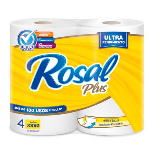 PAPEL HIGENICO ROSAL PLUS 4 ROLLOS 600 HOJAS