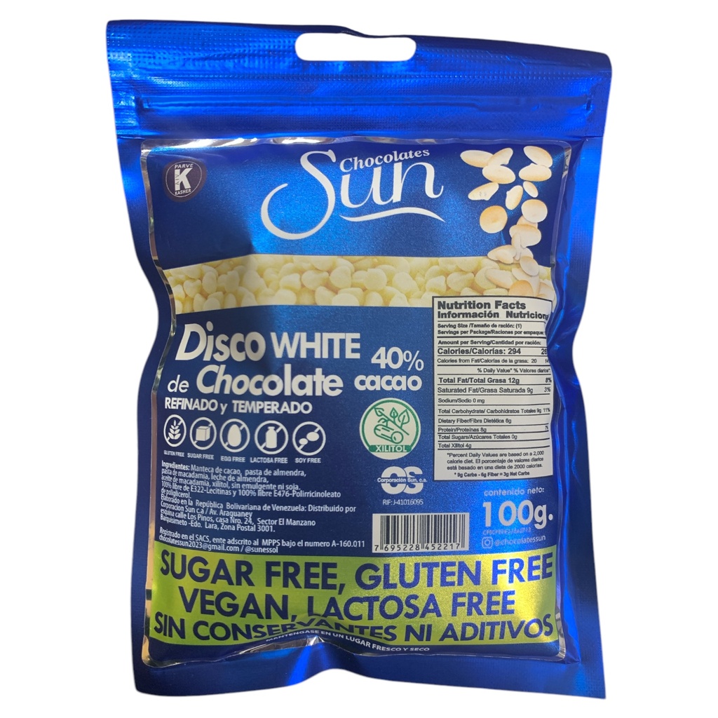 DISCO DE CHOCOLATE SUN BLANCO CON XILITOL 100 GR