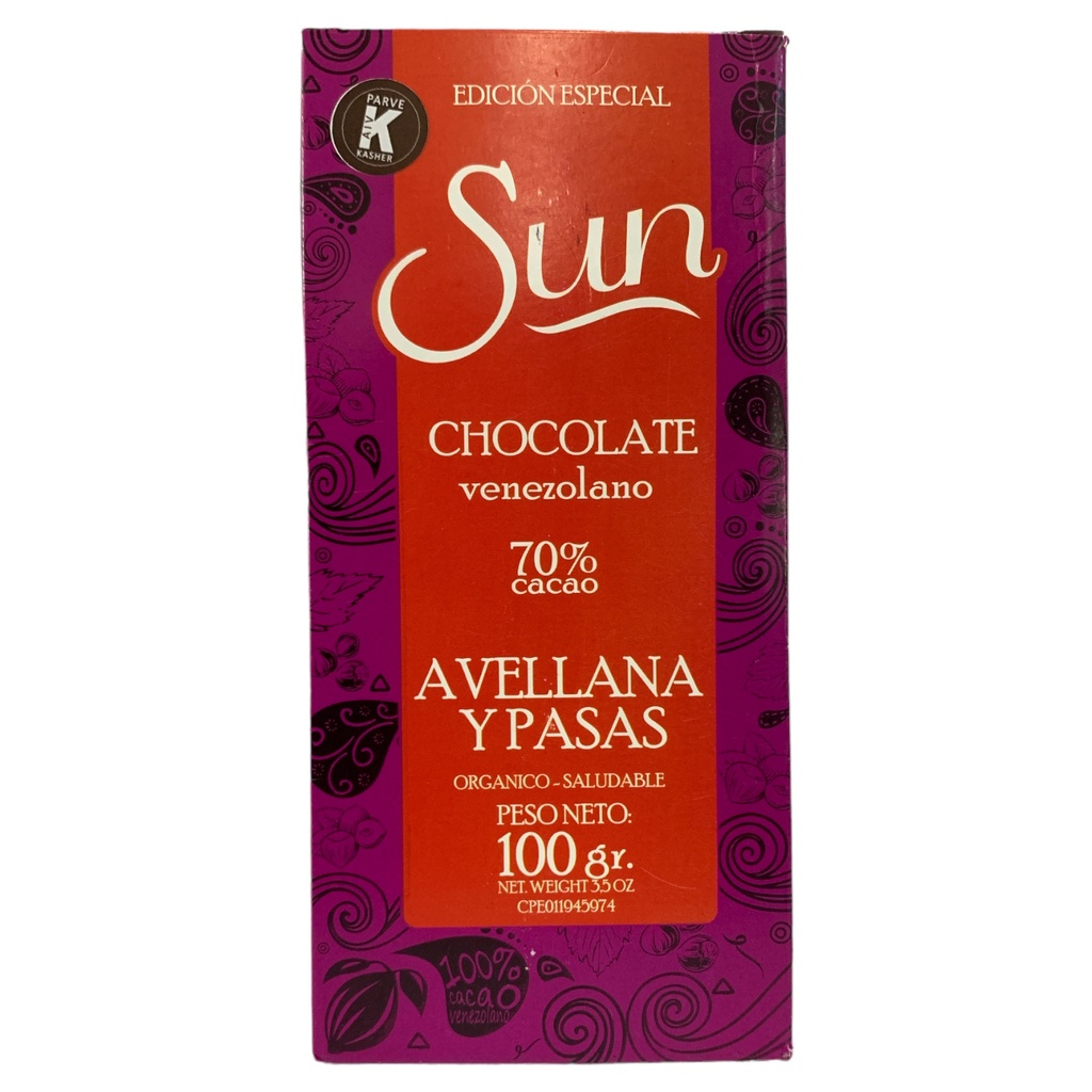 CHOCOLATE SUN  VENEZOLANO AVELLANAS Y PASAS 70% CACAO 100GR