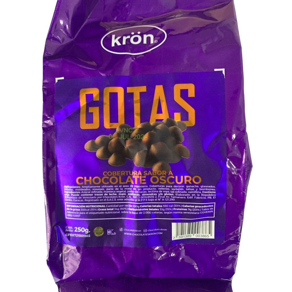 GOTAS DE COBERTURA CHOCOLATE OSCURO KRON 250 GR