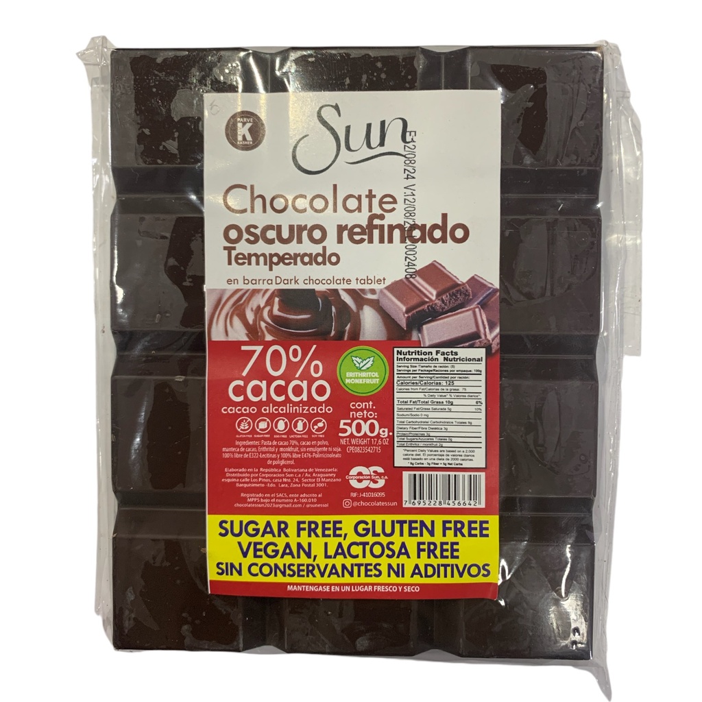 CHOCOLATE SUN BARRA OSCURO REFINADO TEMPERADO ERITHRITOL 500 GR