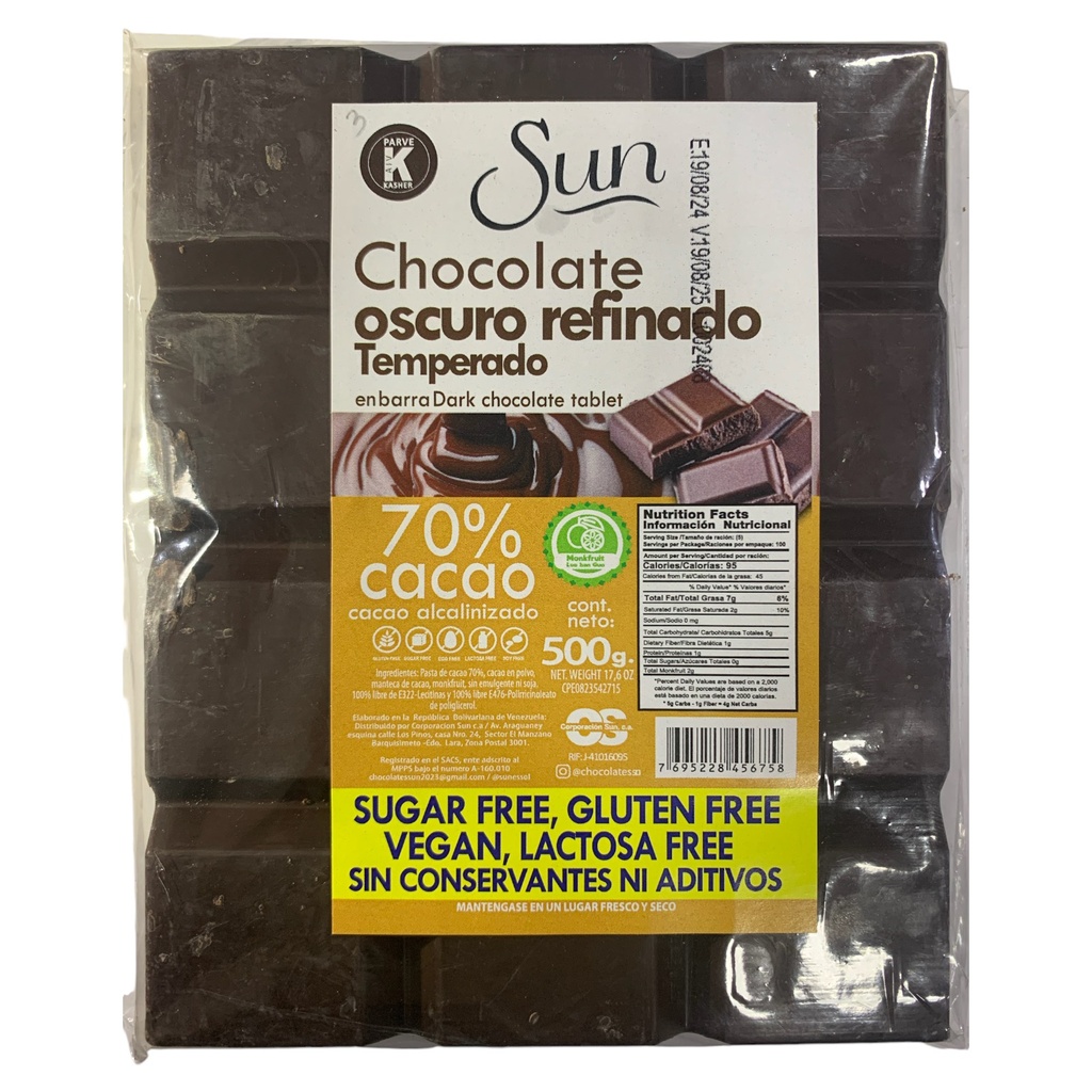 CHOCOLATE SUN OCURO REFINADO TEMPERADO CON MONKFRIT 500 GR