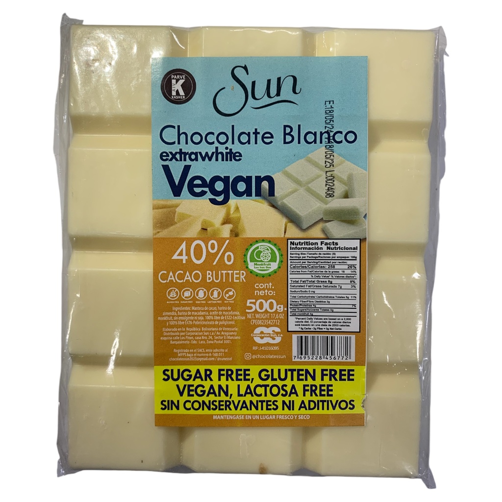 CHOCOLATE BLANCO EXTRAWHITE VEGANO MONKFRUIT 500 GR