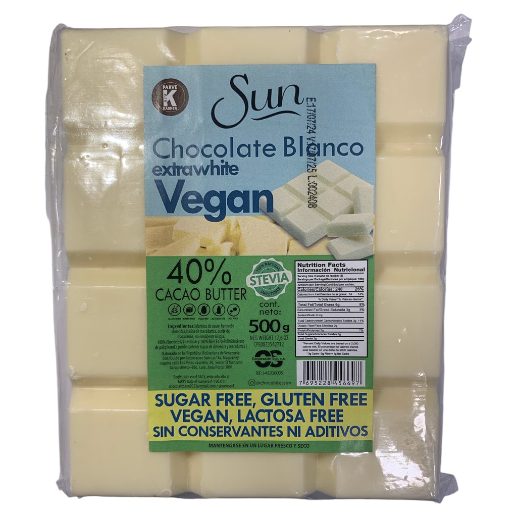 BARRA DE CHOCOLATE SUN BLANCO CON STEVIA EXTRAWHITE VEGAN 500 GR