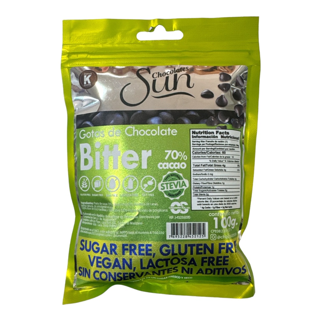 GOTAS DE CHOCOLATE SUN OSCURO CON STEVIA 100 GR