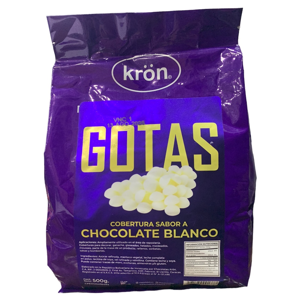 GOTAS DE COBERTURA CHOCOLATE BLANCO KRON 500 GR