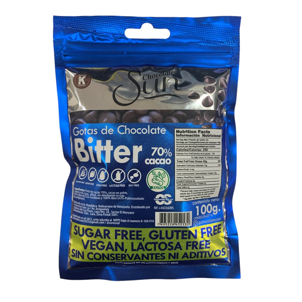 GOTAS DE CHOCOLATE SUN BITTER CON XILITOL 100 GR