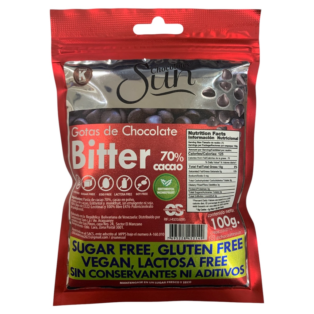 GOTAS DE CHOCOLATE SUN OSCURO CON ERITHRITOL 100 GR