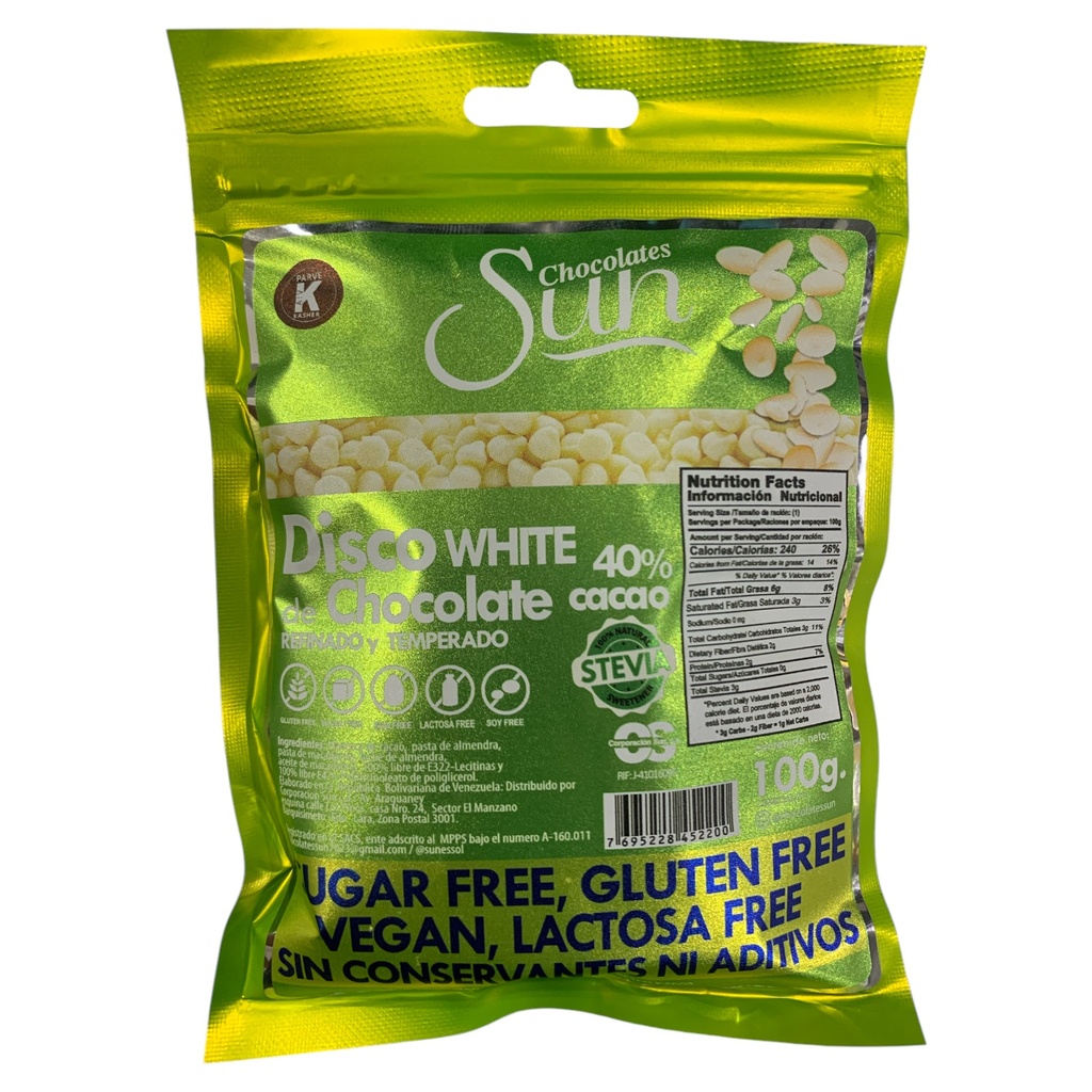 DISCO DE CHOCOLATE SUN BLANCO CON STEVIA 100 GR