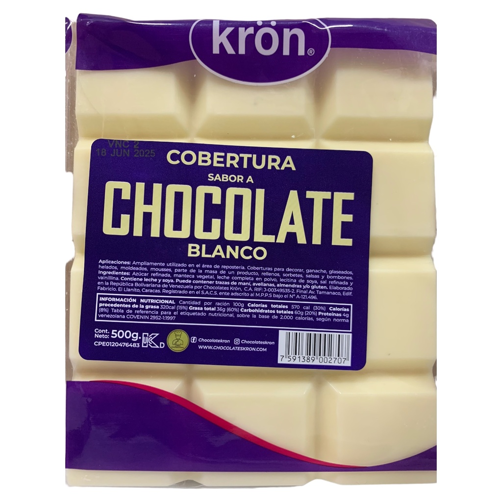 BARRA DE COBERTURA SABOR CHOCOLATE BLANCO KRON 500 GR