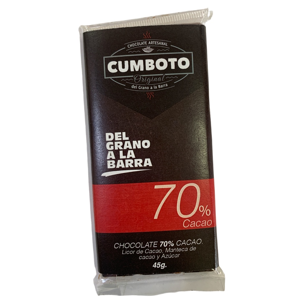 BARRA  DE CHOCOLATE 70% CACAO,CHCOLATE C/ LECHE  CUMBOTO 55GR