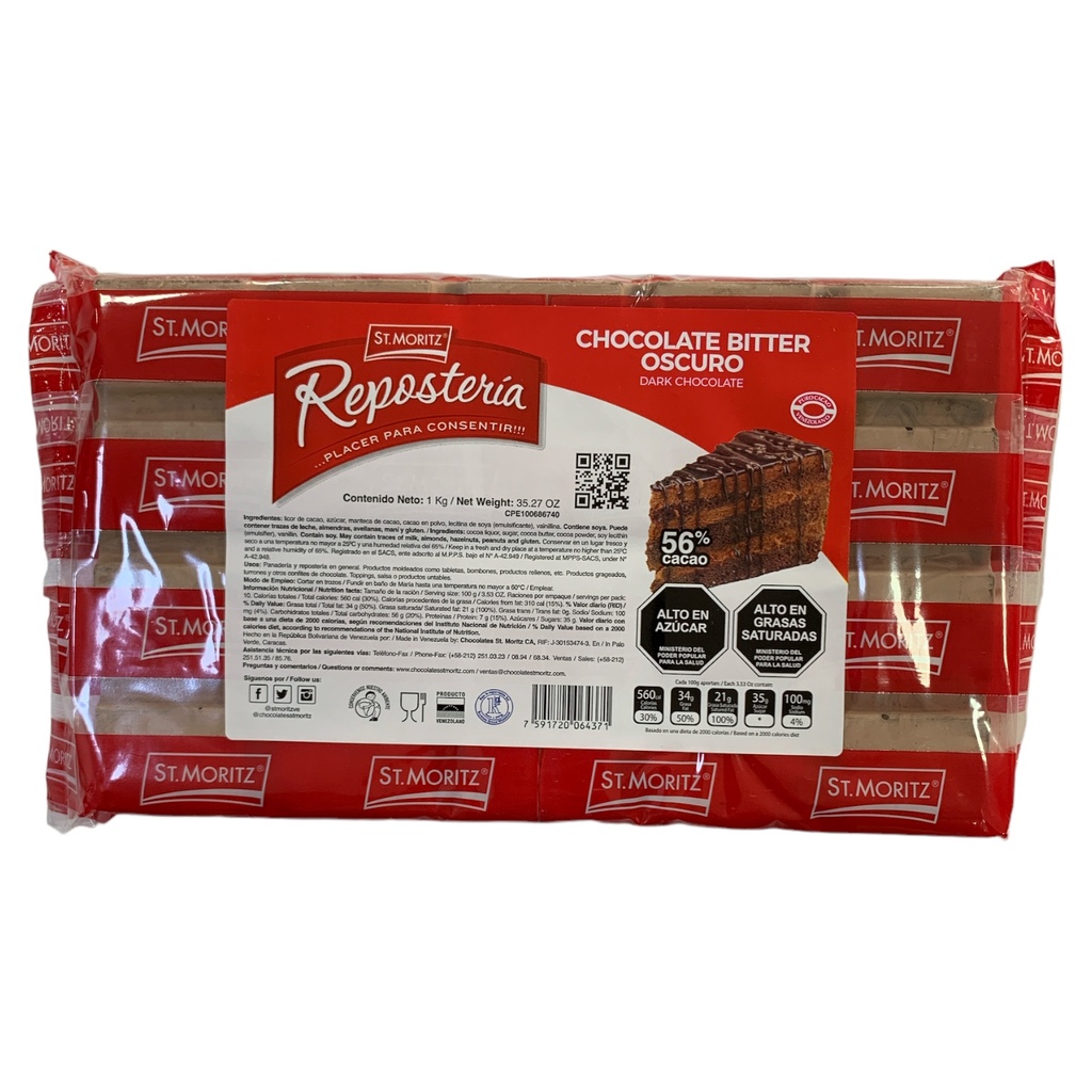 BARRA DE CHOCOLATE BITTER ST MORITZ ROJO 1KG