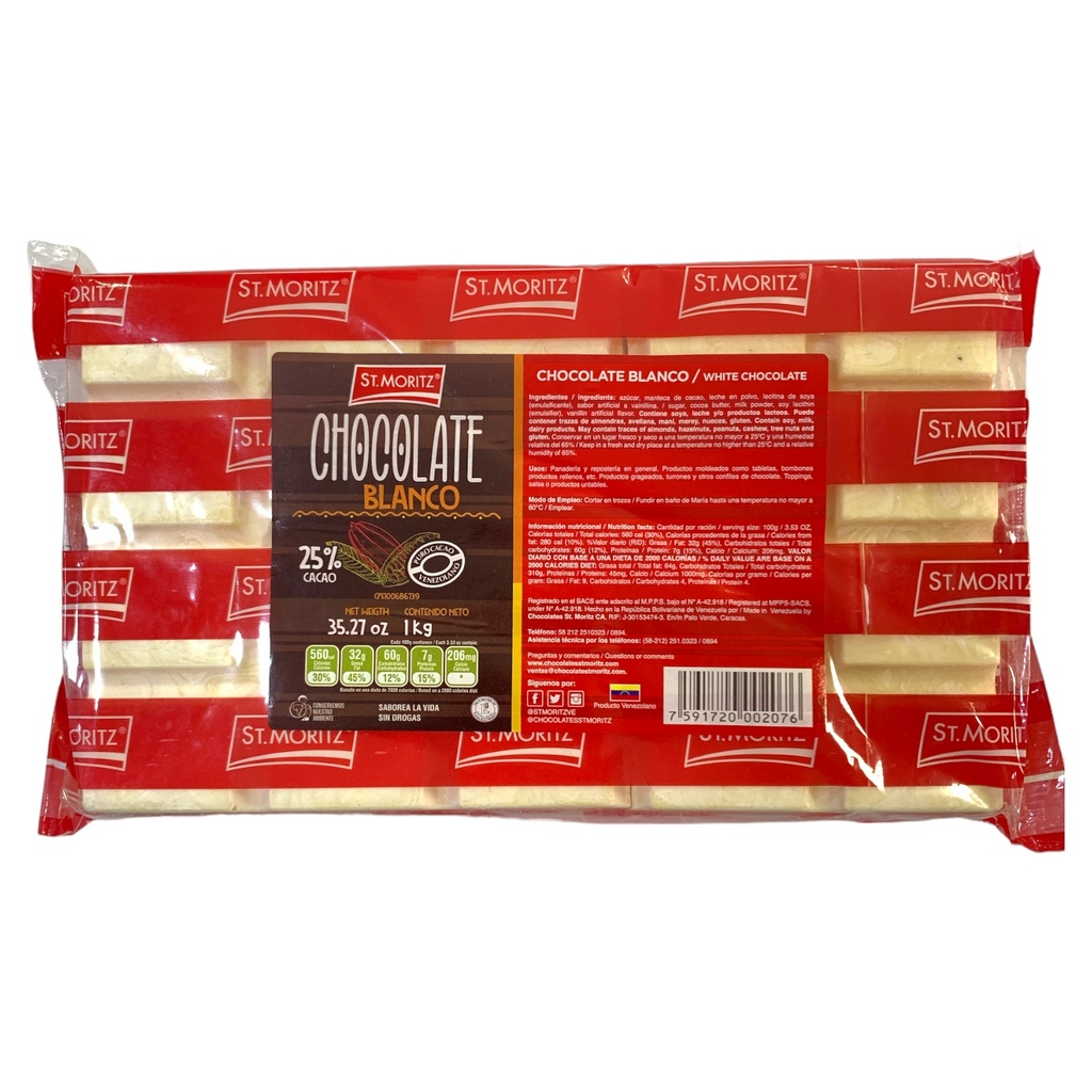 BARRA DE CHOCOLATE BLANCO ST MORITZ ROJO 1KG