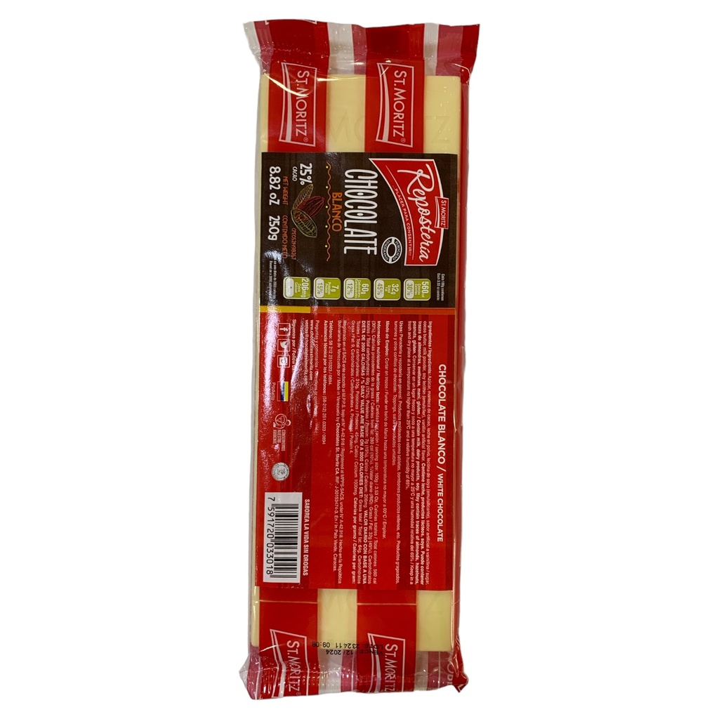 BARRA DE CHOCOLATE BLANCO ST MORITZ ROJO 250GR