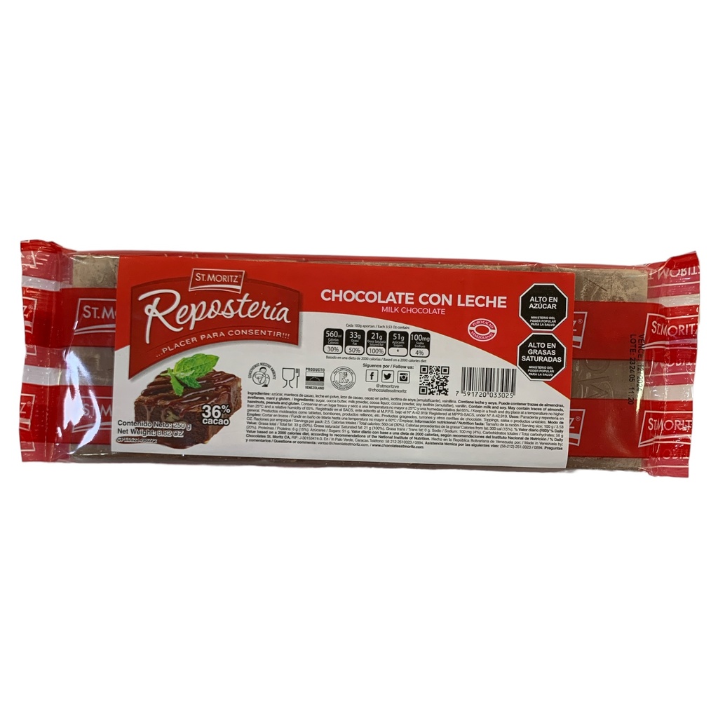 BARRA DE CHOCOLATE LECHE ST MORITZ ROJO 250GR