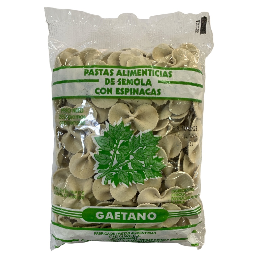 PASTA ALIMENTICIAS DE SEMOLA CON ESPINACA 250GR GAETANO