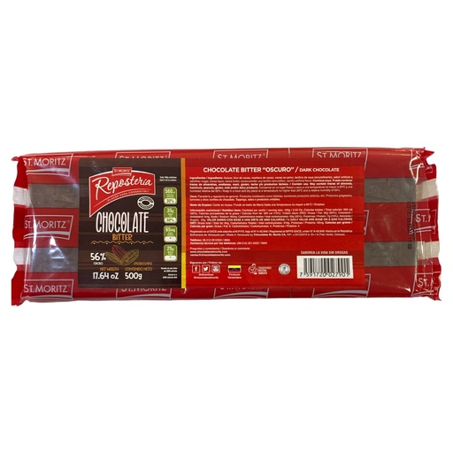 [K291] BARRA DE CHOCOLATE BITTER 56% ST MORITZ ROJO 500GR
