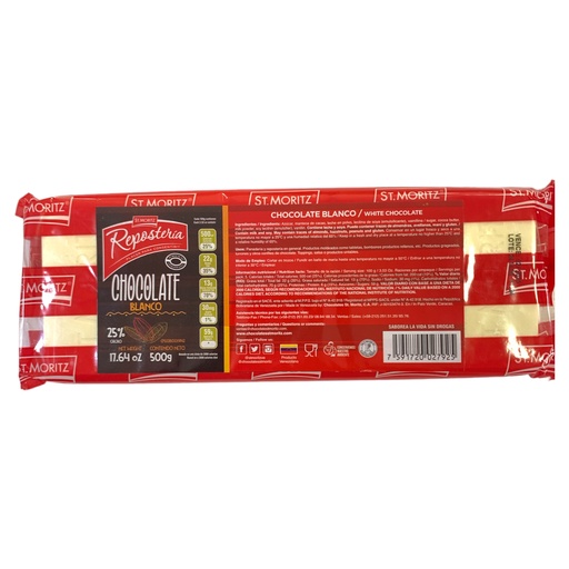 [K294] BARRA DE CHOCOLATE BLANCO ST MORITZ ROJO 500GR