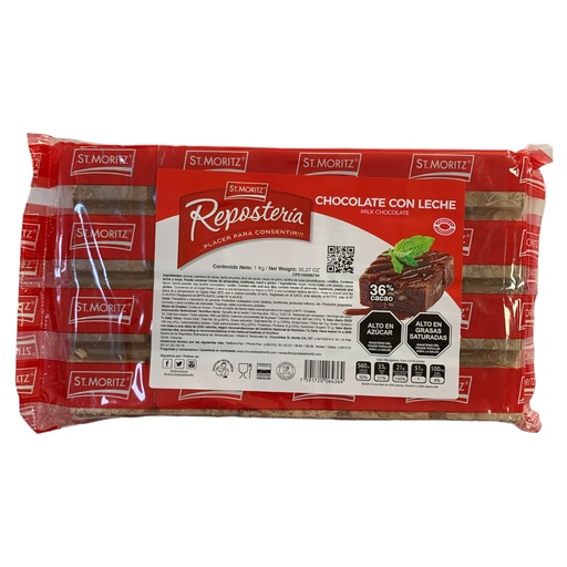 [K295] BARRA DE CHOCOLATE LECHE ST MORITZ ROJO 1KG