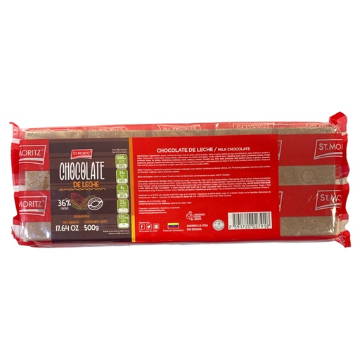 [K297] BARRA DE CHOCOLATE LECHE 36% ST MORITZ ROJO 500GR