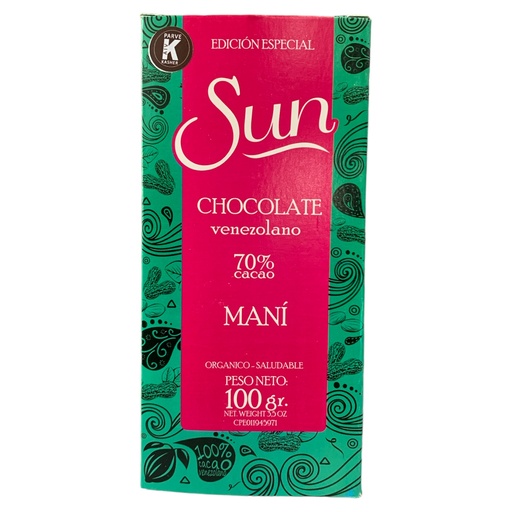 [K342] CHOCOLATE SUN EDICION ESPECIAL VENEZOLANO MANI 70% CACAO 100GR