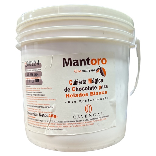 [K517] CUBIERTA MAGICA DE CHOCOLATE PARA HELADOS BLANCA MANTORO 4KG