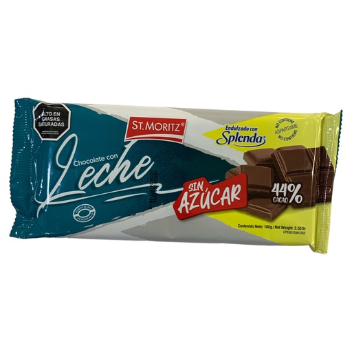 [K536] BARRA CHOCOLATE S/A LECHE C/SPLENDA ST MORITZ 100GR