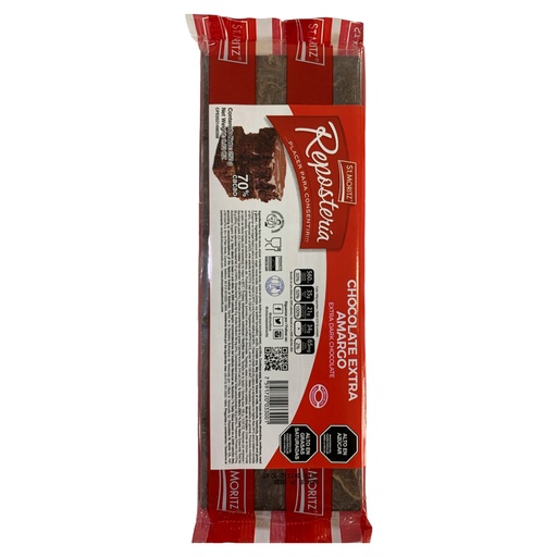 [K575] BARRA DE CHOCOLATE AMARGO 70% ST MORITZ ROJO 250GR