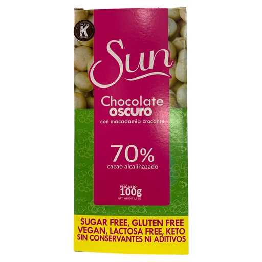 [K727] CHOCOLATE SUN MACADAMIA OSCURO 70% CACAO ALCALINIZADO 100GR