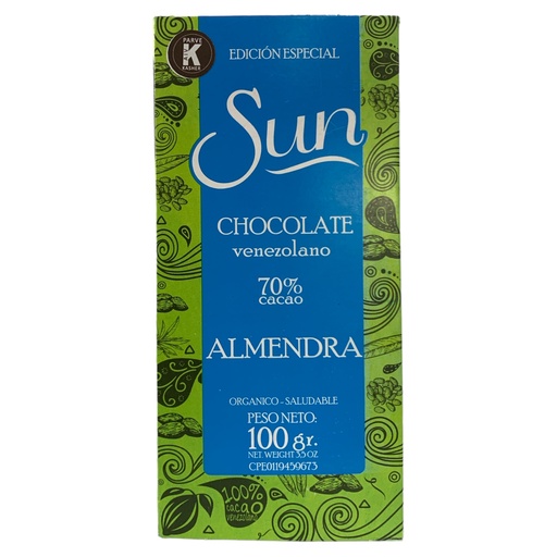 [K821] CHOCOLATE SUN  ALMENDRA VENEZOLANO 70% CACAO 100GR