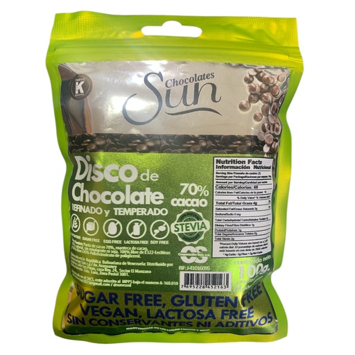 [K1387] DISCOS DE CHOCOLATE SUN OSCURO CON STEVIA100 GR
