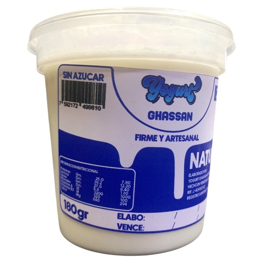 [K0283] YOGURT NATURAL GHASSAN SIN AZUCAR 180GR