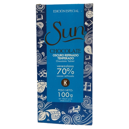 CHOCOLATE SUN OSCURO REFINADO TEMPERADO 70% CACAO REFINADO 100GR