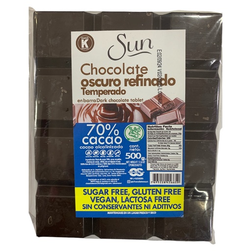 CHOCOLATE SUN OCURO REFINADO TEMPERADO CON XILITOL 500 GR