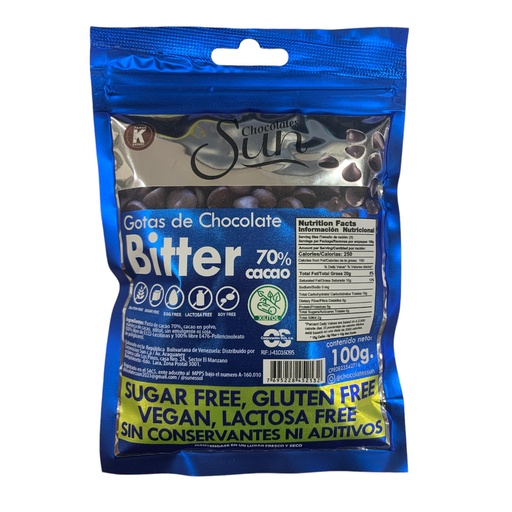 [K0208] GOTAS DE CHOCOLATE SUN BITTER CON XILITOL 100 GR